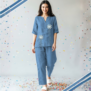 Elegant  Blue Top & Pyjamas Night Suit for Women