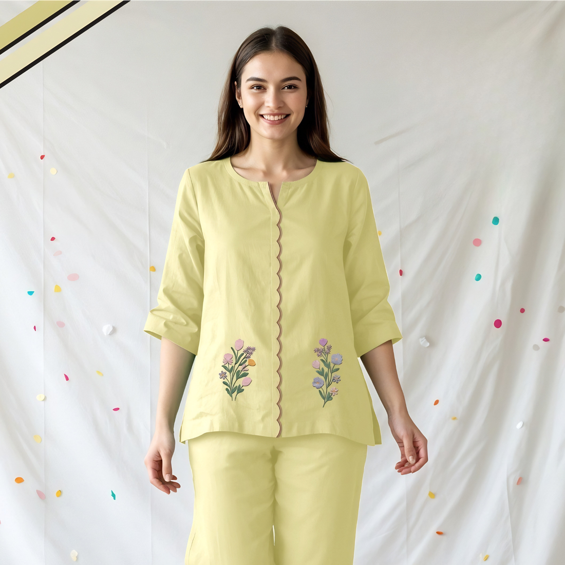 Yellow Stylish Printed Night Suit Set For Women