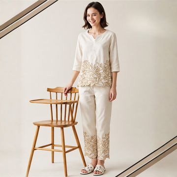 Fawn Stylish Floral Embroidered Night Suit Set