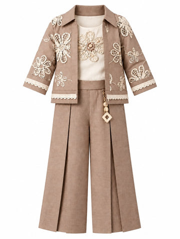 Girls Brown Floral Lace Jacket and Palazzo Pants Set