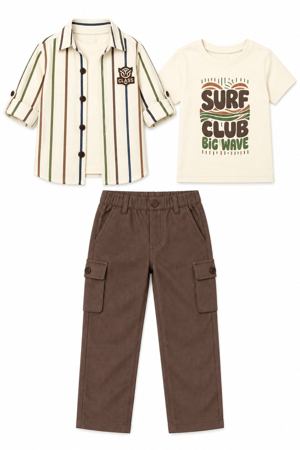 Boys Brown Striped Overshirt, Graphic T-shirt and Cargo Pants Set (Shoes Not Included)