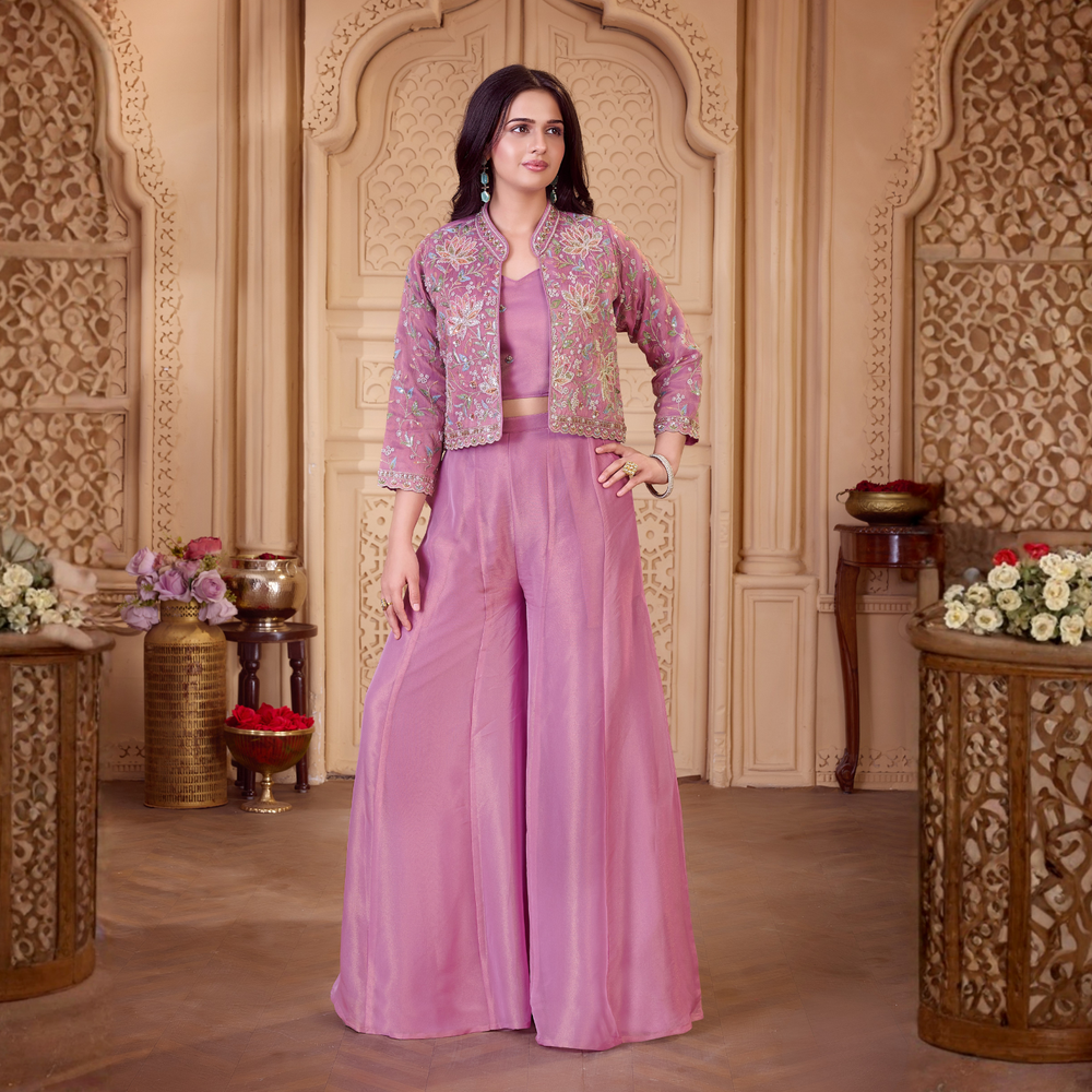 PINK Embroidered Crop Top and Jacket Palazzo Set For Girls
