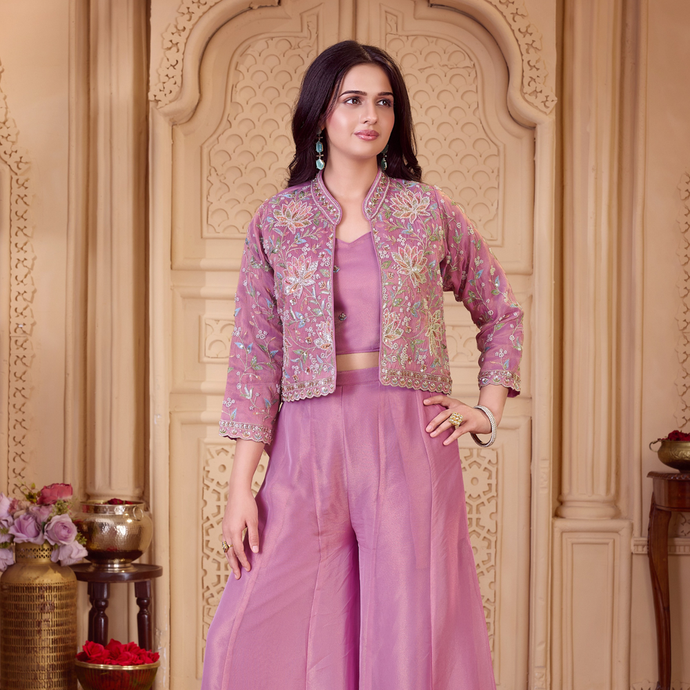 PINK Embroidered Crop Top and Jacket Palazzo Set For Girls