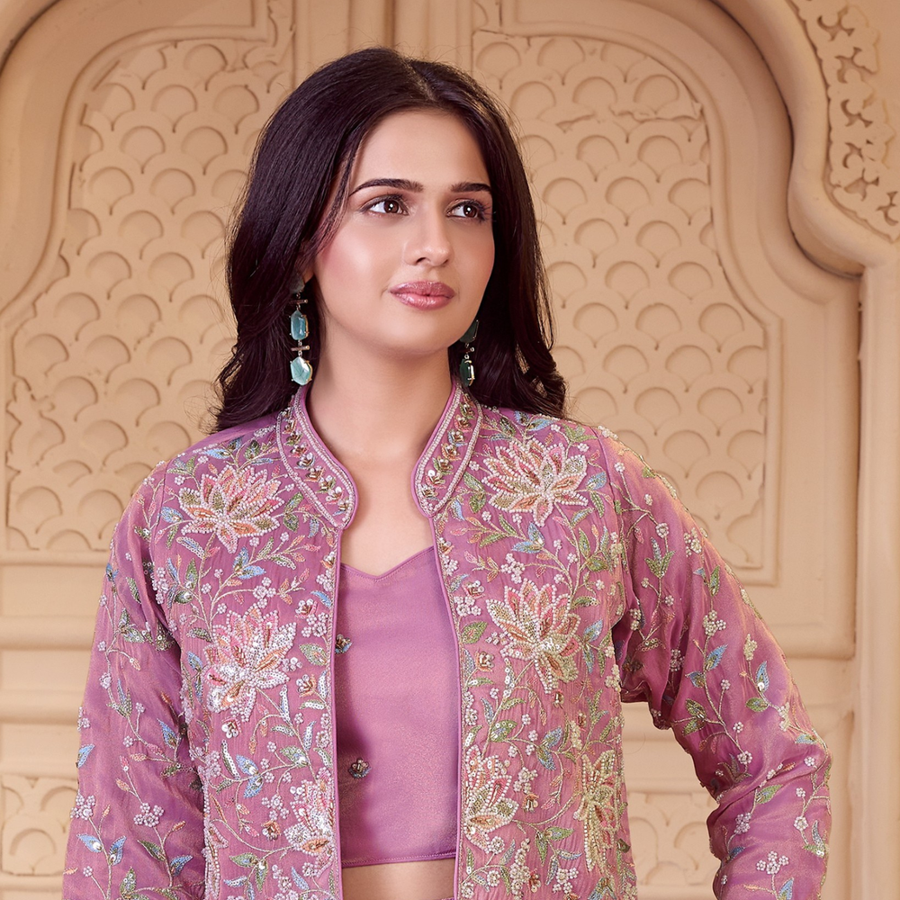 PINK Embroidered Crop Top and Jacket Palazzo Set For Girls