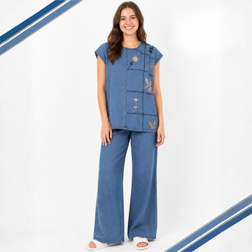 Stylish Dark Blue Denim Embroidery  Night Suit