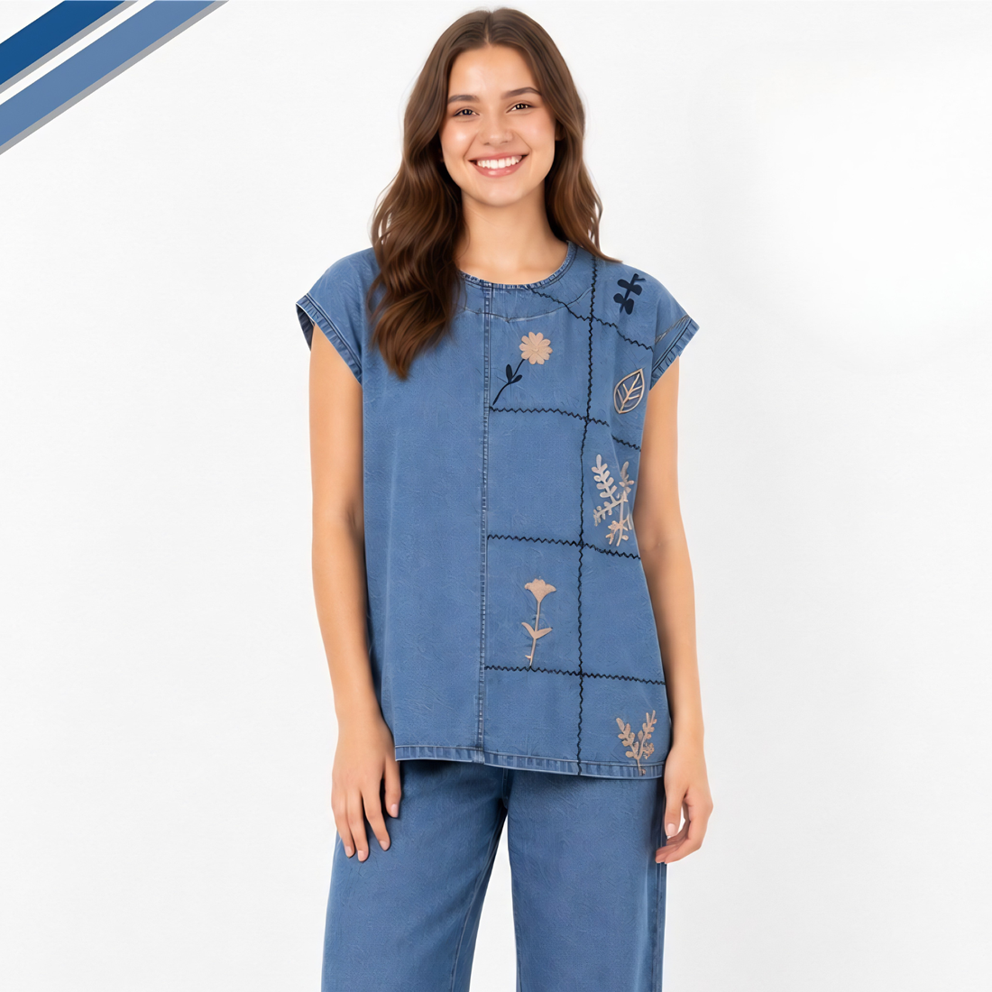 Stylish Dark Blue Denim Embroidery  Night Suit