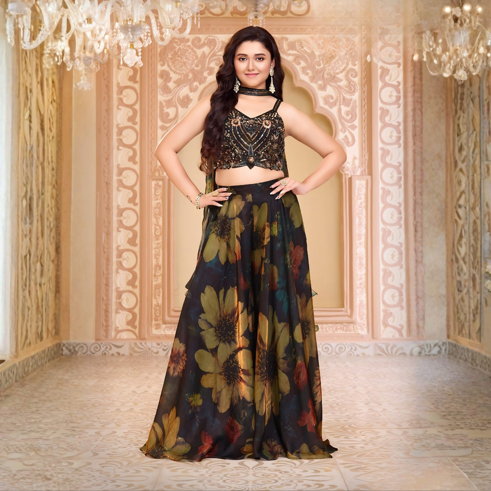 Stylish Embroidered Crop Top Lehenga with Cape Dupatta.