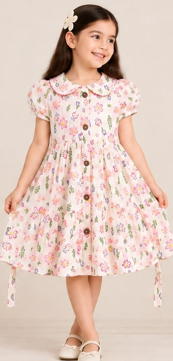 Girls white floral printed cotton frock with Peter Pan collar
