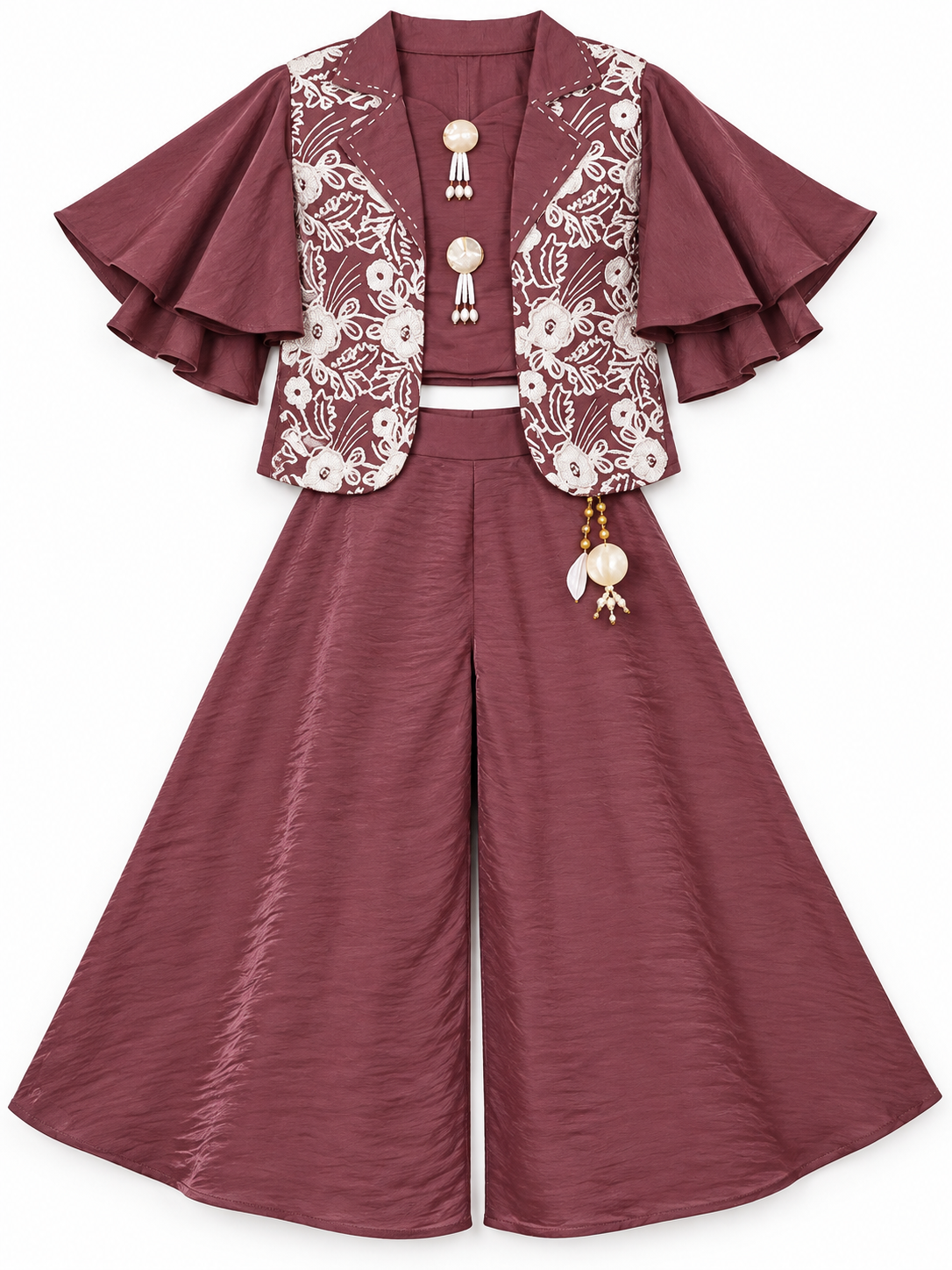 Girls Wine Embroidered Pant Set with Jacket