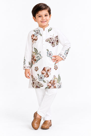 Boys Cream Floral and Butterfly Embroidered Kurta and Pants Set (Shoes Not Included)