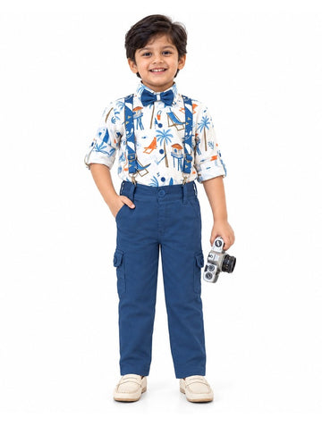 Boys Blue Beach Print Shirt, T-shirt, Bow Tie, Suspenders and Cargo Pants Set