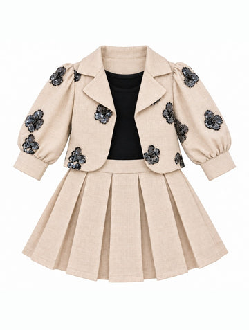 Girls Cream Floral Sequin Jacket and Pleated Skirt Set