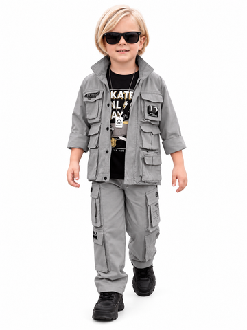 Boys Grey Utility Jacket, T-shirt and Cargo Pants Set
