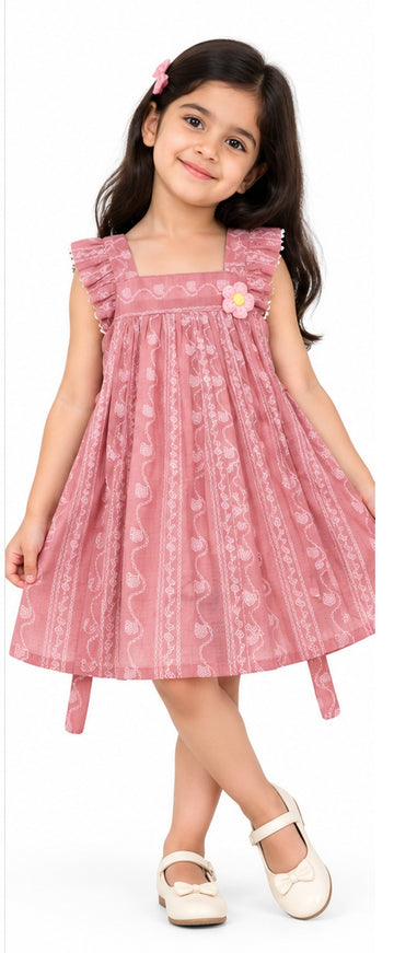 Girls pink printed cotton frock with flower waist detail