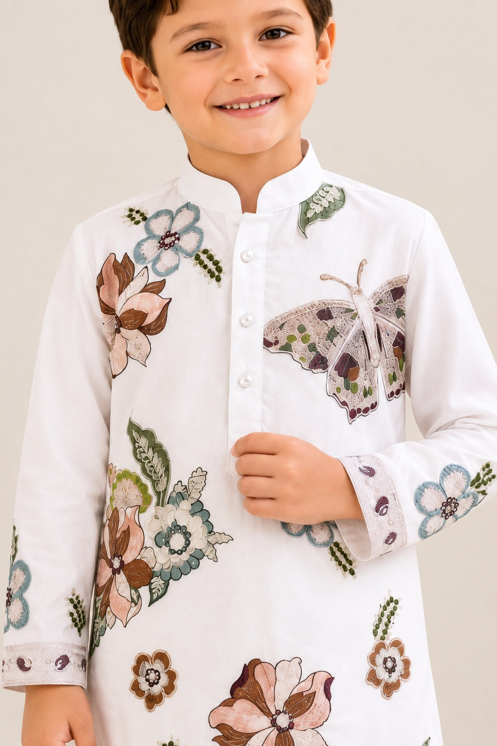 Boys Cream Floral and Butterfly Embroidered Kurta and Pants Set (Shoes Not Included)