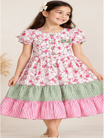 Girls Floral Tiered Pure Cotton Dress
