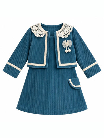 Girls Blue Lace Collar Jacket and Frock Set