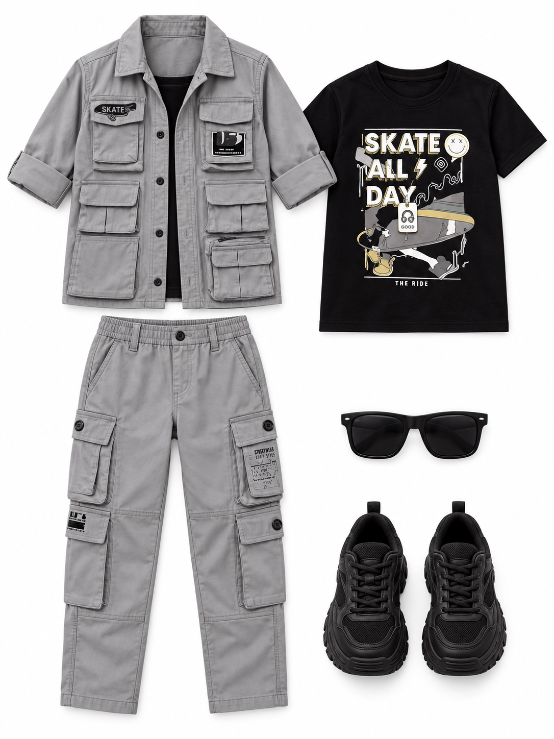Boys Grey Utility Jacket, T-shirt and Cargo Pants Set