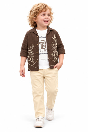 Boys Brown Floral Overshirt, Graphic T-shirt and Cream Pants Set (Shoes Not Included)