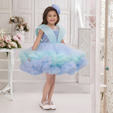 Blue Ruffle Party Frock with Sparkle Sequins Embellishment For Girls