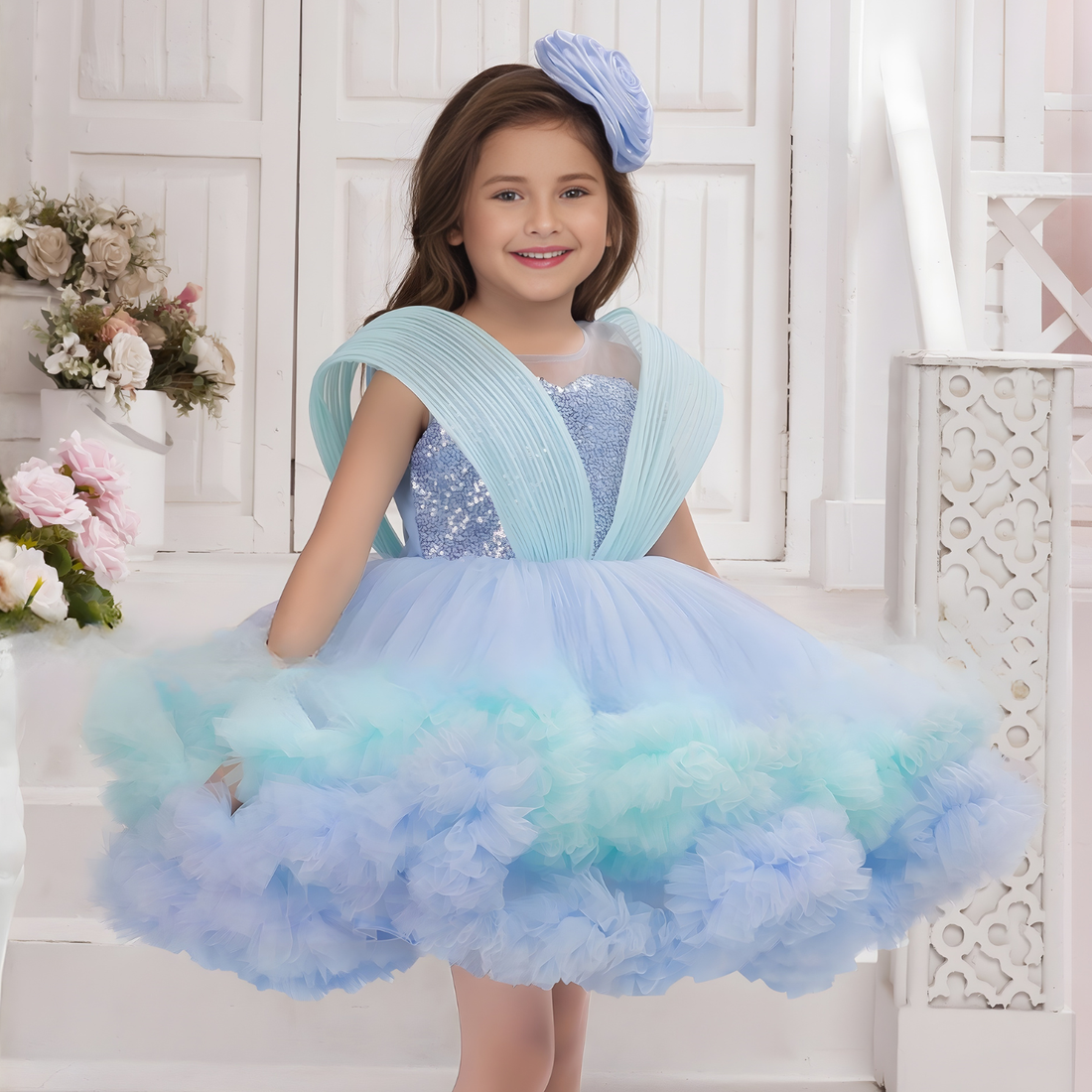 Blue Ruffle Party Frock with Sparkle Sequins Embellishment For Girls