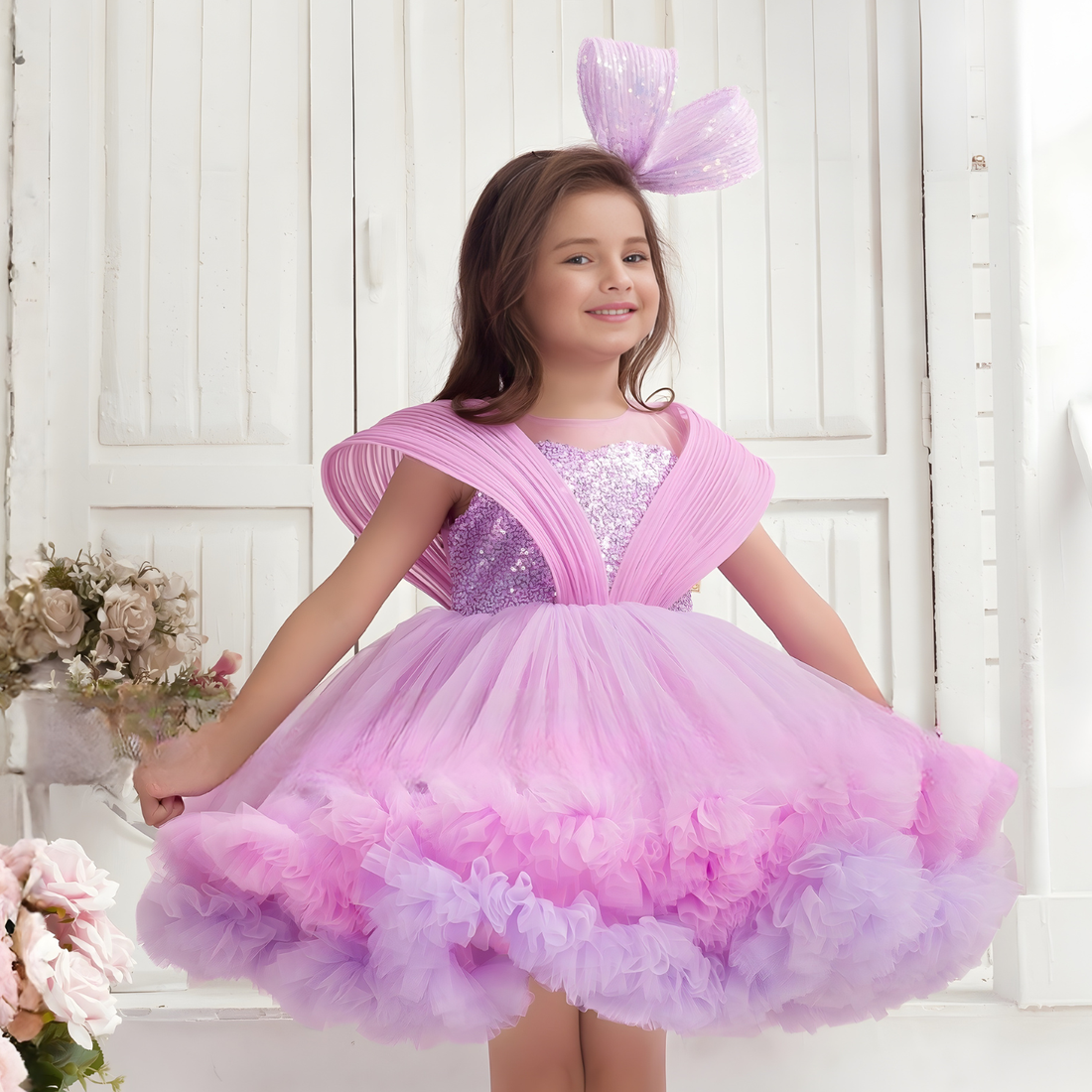 Purple Ruffle Party Frock with Sparkle Sequins Embellishment For Girls
