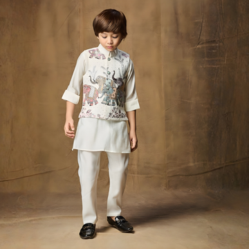 Elegant White Zari Textured Waistcoat Set For Boys
