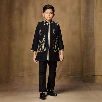Black Heritage Embroidered Kurta Set with Jacket For Boys