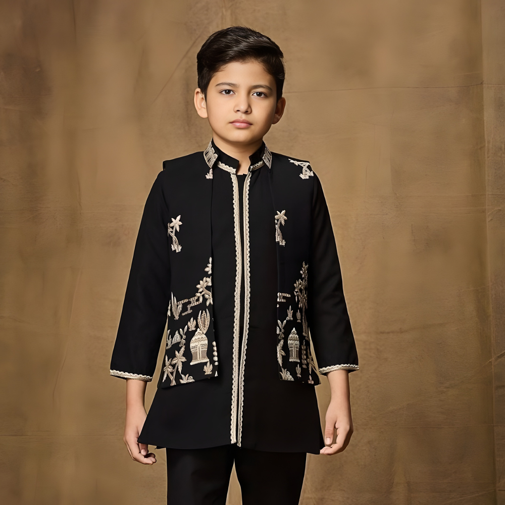 Black Heritage Embroidered Kurta Set with Jacket For Boys