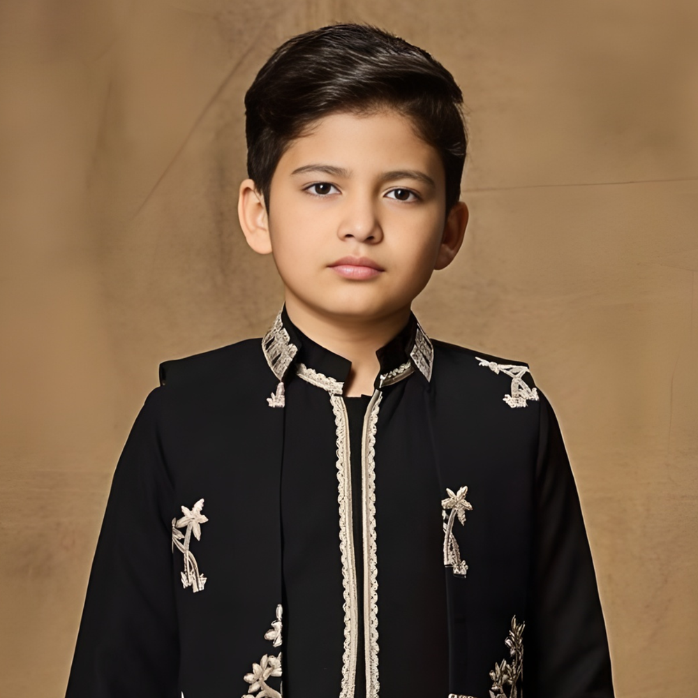 Black Heritage Embroidered Kurta Set with Jacket For Boys