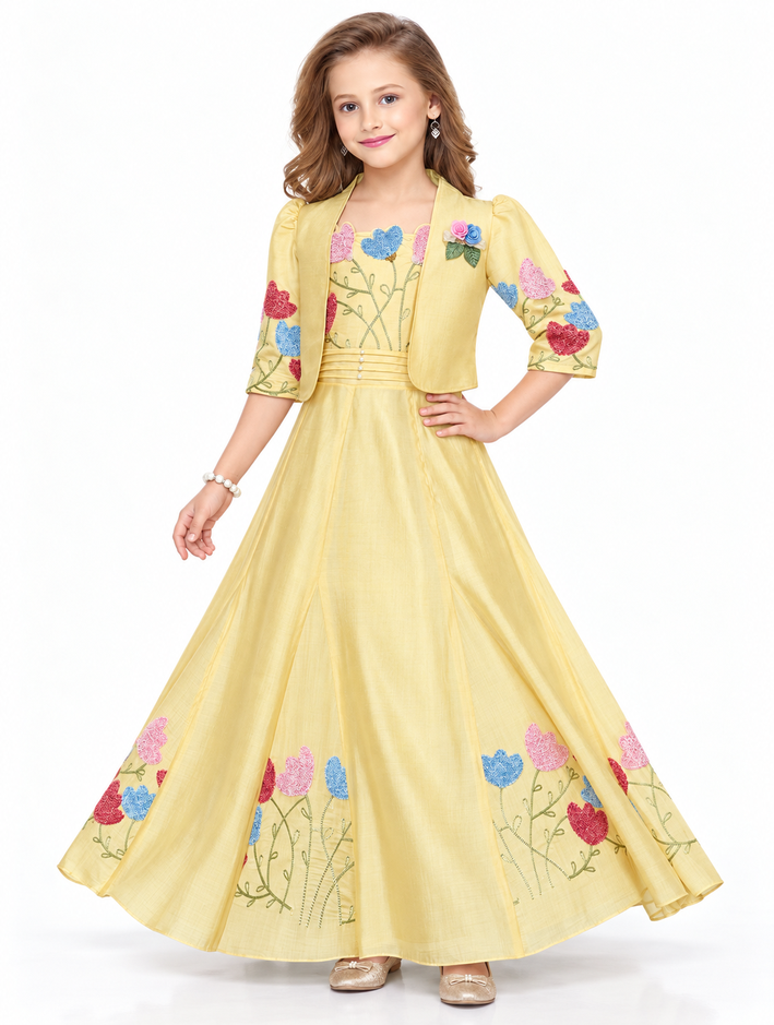 Girls Yellow Tulip Embroidered Long Party Dress with Jacket