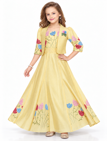 Girls Yellow Tulip Embroidered Long Party Dress with Jacket