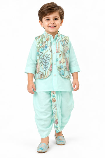 Boys Green Kurta, Dhoti and Floral Jacket Set (Shoes Not Included)