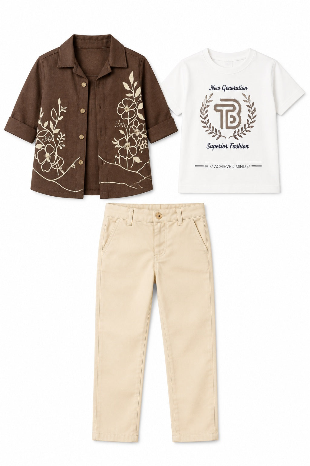 Boys Brown Floral Overshirt, Graphic T-shirt and Cream Pants Set (Shoes Not Included)