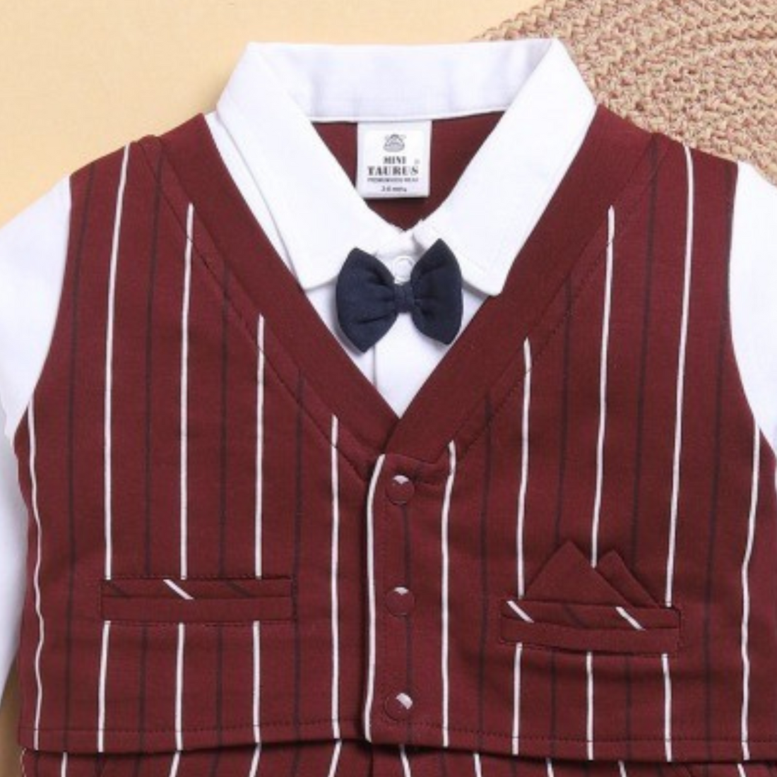 Interlock Knit Full Sleeves Party Rompers With Stripes & Bow - Maroon