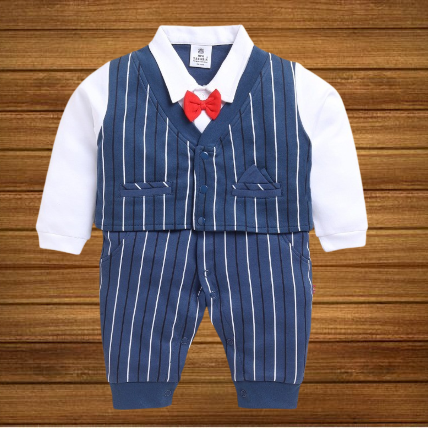 Interlock Knit Full Sleeves Party Rompers With Stripes & Bow - Navy Blue
