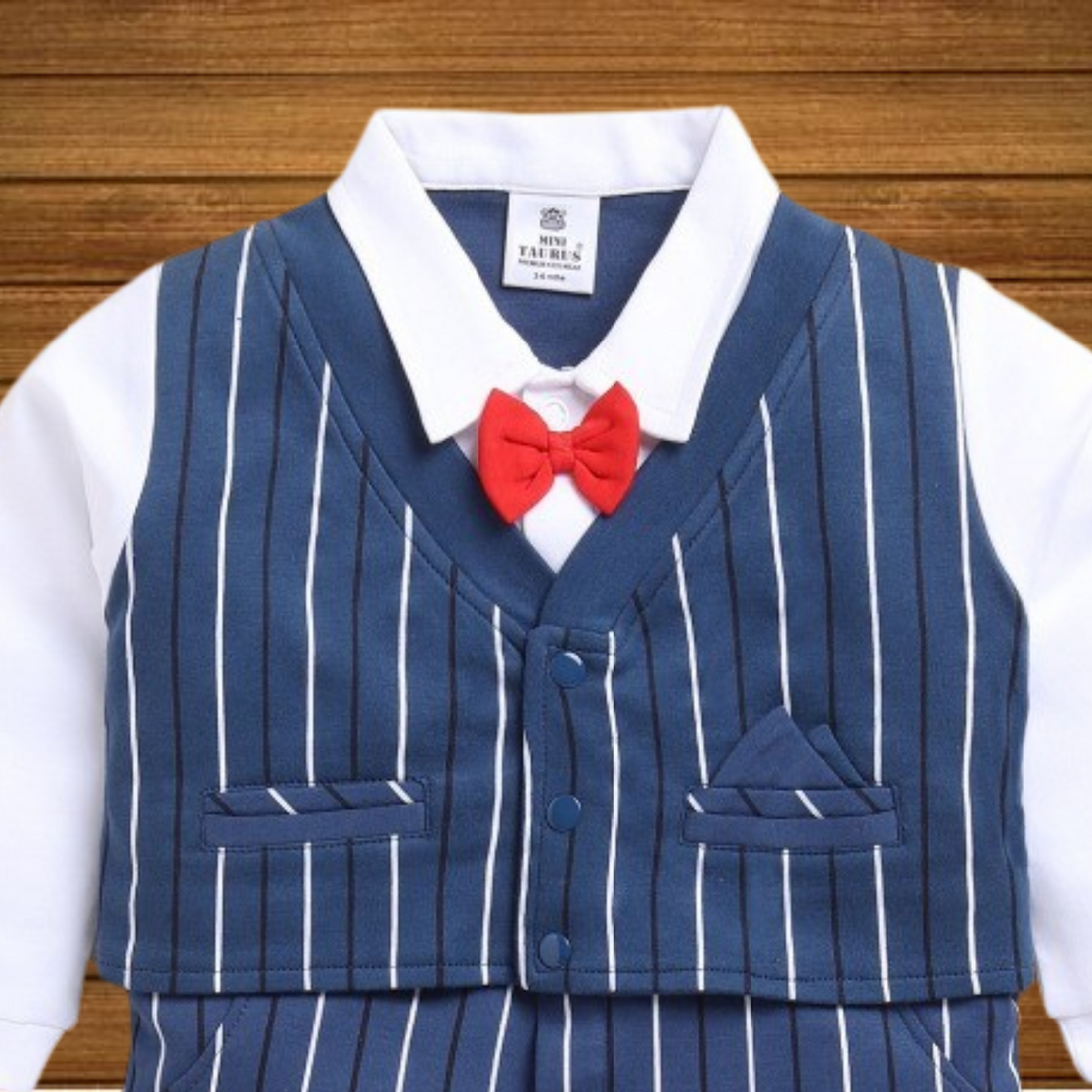 Interlock Knit Full Sleeves Party Rompers With Stripes & Bow - Navy Blue
