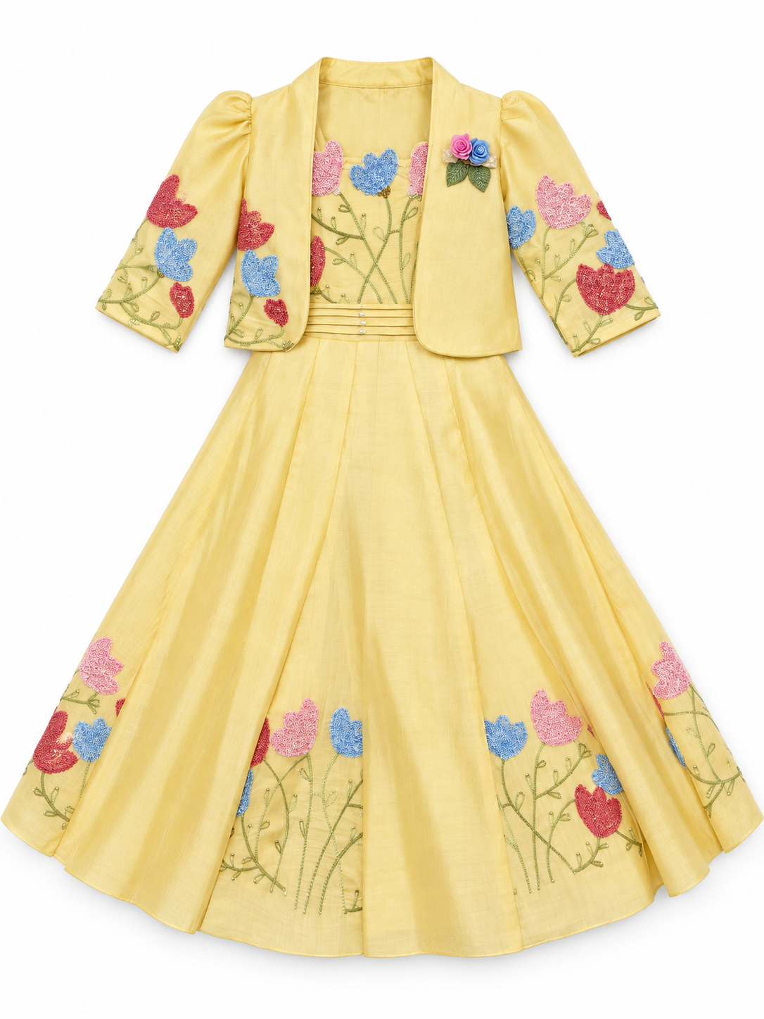 Girls Yellow Tulip Embroidered Long Party Dress with Jacket