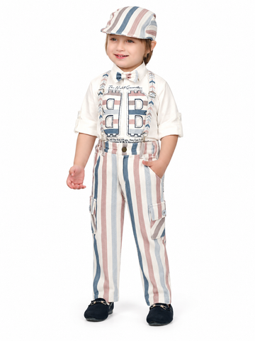 Boys Pink Striped Shirt, Cargo Pants and Cap Set