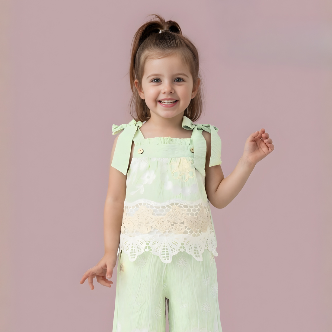 Girls Green Lace Co-Ord Set For Girls