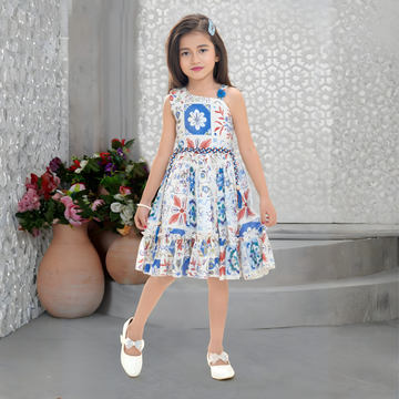 Girls Trendy Printed Shoulder Straps Sleeves Frock