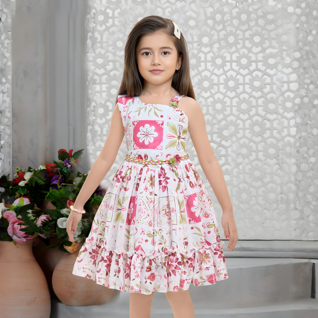 Girls Trendy Printed Shoulder Straps Sleeves Frock