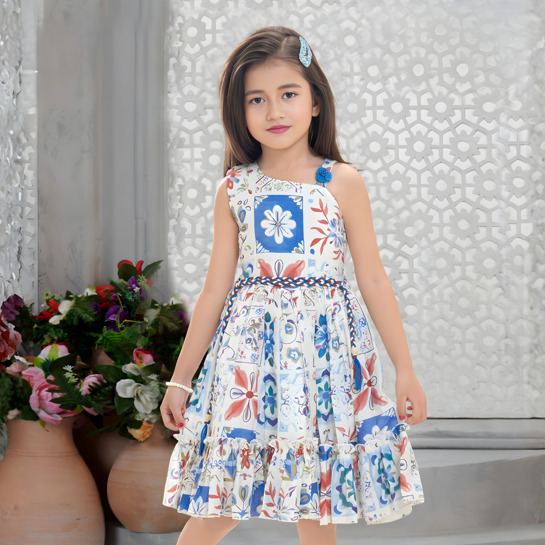 Girls Trendy Printed Shoulder Straps Sleeves Frock