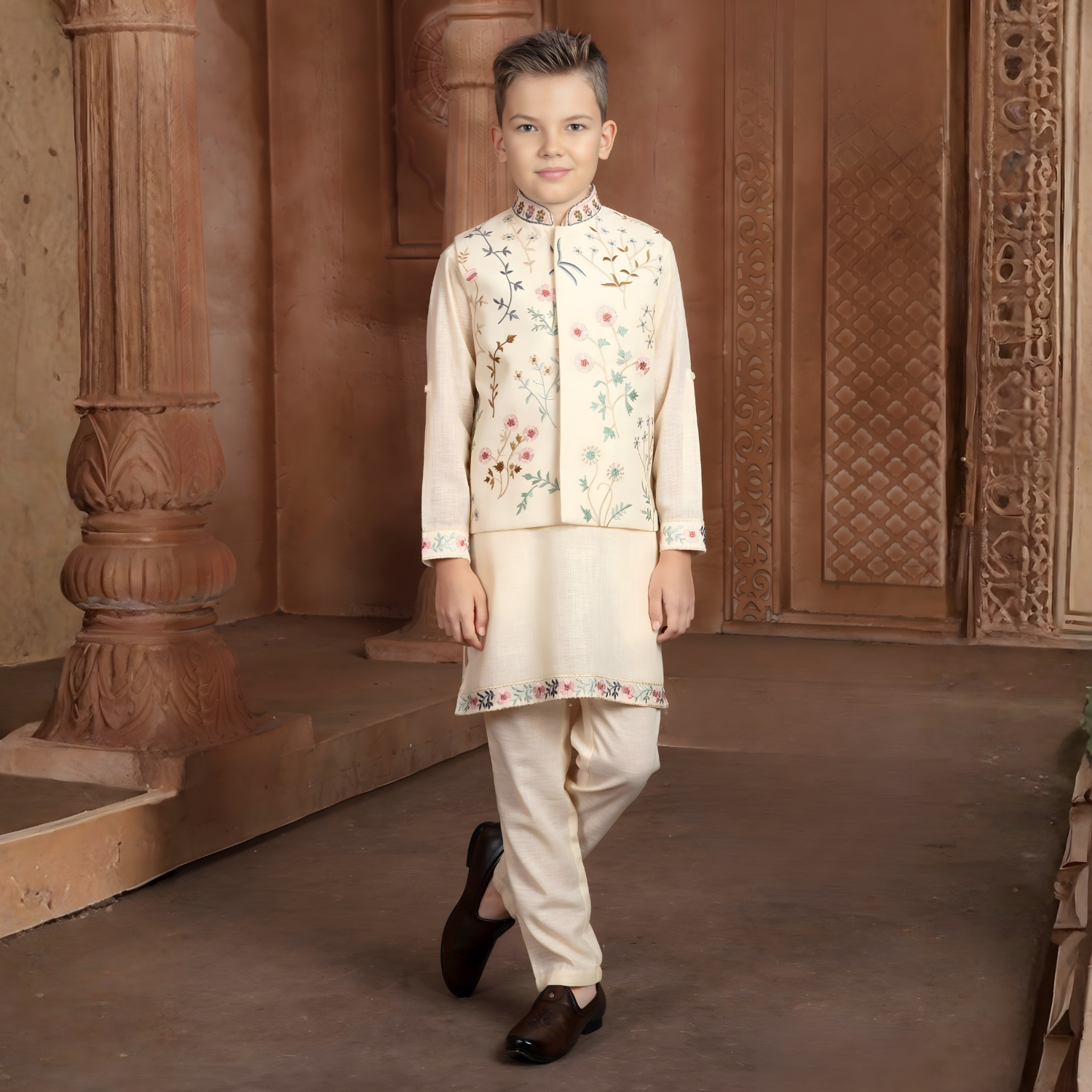 Cream Indian Ethnic Boys Kurta Pajama Wedding Suit