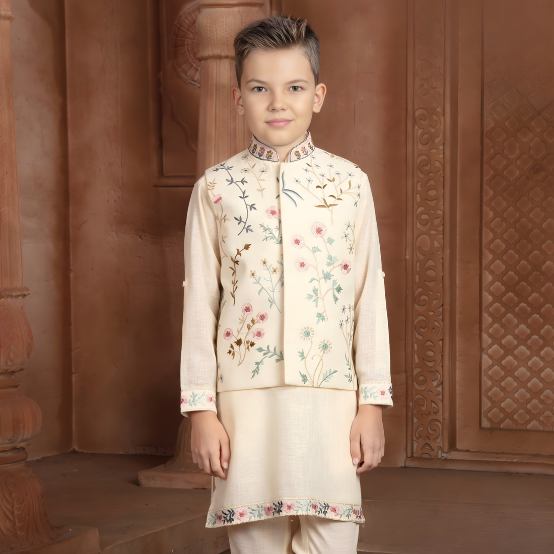 Cream Indian Ethnic Boys Kurta Pajama Wedding Suit