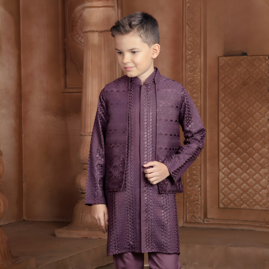 Purple Indian Ethnic Boys Kurta Pajama Wedding Suit