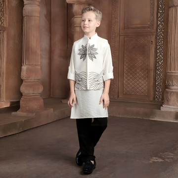 White Kurta Set with Black Printed Jacket Black Pajama For Boys