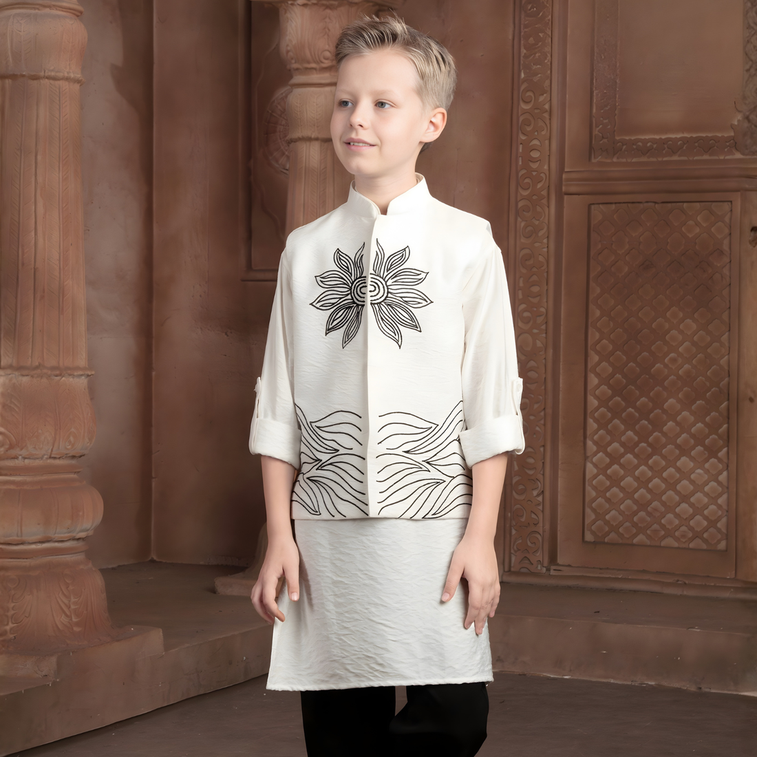 White Kurta Set with Black Printed Jacket Black Pajama For Boys