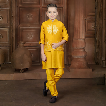 Yellow Kurta Set with Yellow Printed Jacket Yellow Pajama For Boys