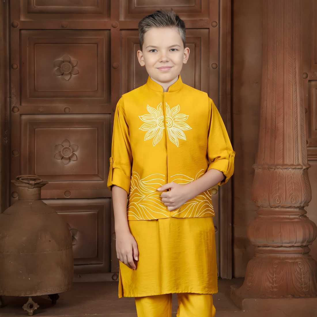 Yellow Kurta Set with Yellow Printed Jacket Yellow Pajama For Boys